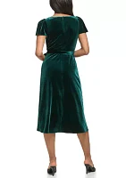 Women's Flutter Sleeve Tie Waist Velvet Fit and Flare Dress