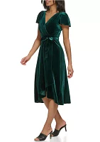 Women's Flutter Sleeve Tie Waist Velvet Fit and Flare Dress