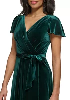 Women's Flutter Sleeve Tie Waist Velvet Fit and Flare Dress