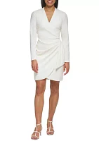 Women's Long Sleeve V-Neck Wrap Waist Solid Shift Dress