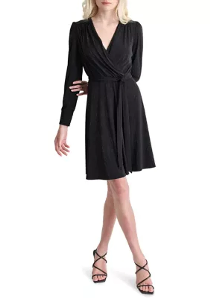 Women's V-Neck Belted Fit and Flare Dress