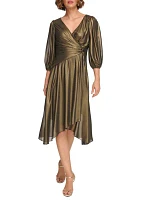 Women's Blouson Sleeve Metallic Fit and Flare Dress