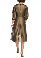 Women's Blouson Sleeve Metallic Fit and Flare Dress