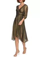 Women's Blouson Sleeve Metallic Fit and Flare Dress