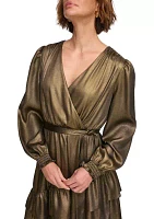 Women's Blouson Sleeve Metallic Fit and Flare Dress