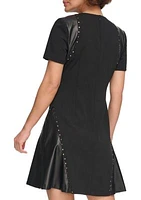 Women's Short Sleeve Leather Detail Flare Sheath Dress