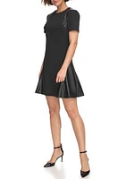 Women's Short Sleeve Leather Detail Flare Sheath Dress