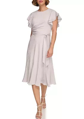 Women's Flutter Sleeve Ruched Tie Waist Fit and Flare Dress