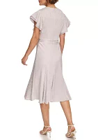 Women's Flutter Sleeve Ruched Tie Waist Fit and Flare Dress