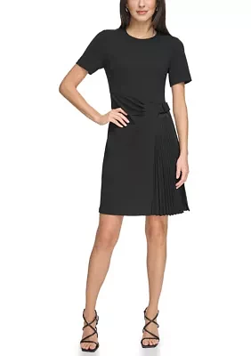 Women's Short Sleeve Belt Waist Solid Fit and Flare Dress