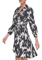 Women's 3/4 Sleeve Collar Neck Printed Fit and Flare Dress