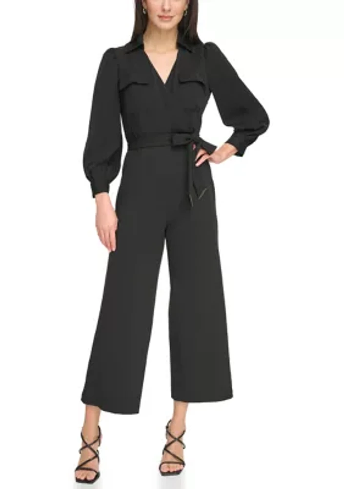 Women's Long Sleeve Collar Neck Solid Jumpsuit