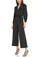 Women's Long Sleeve Collar Neck Solid Jumpsuit