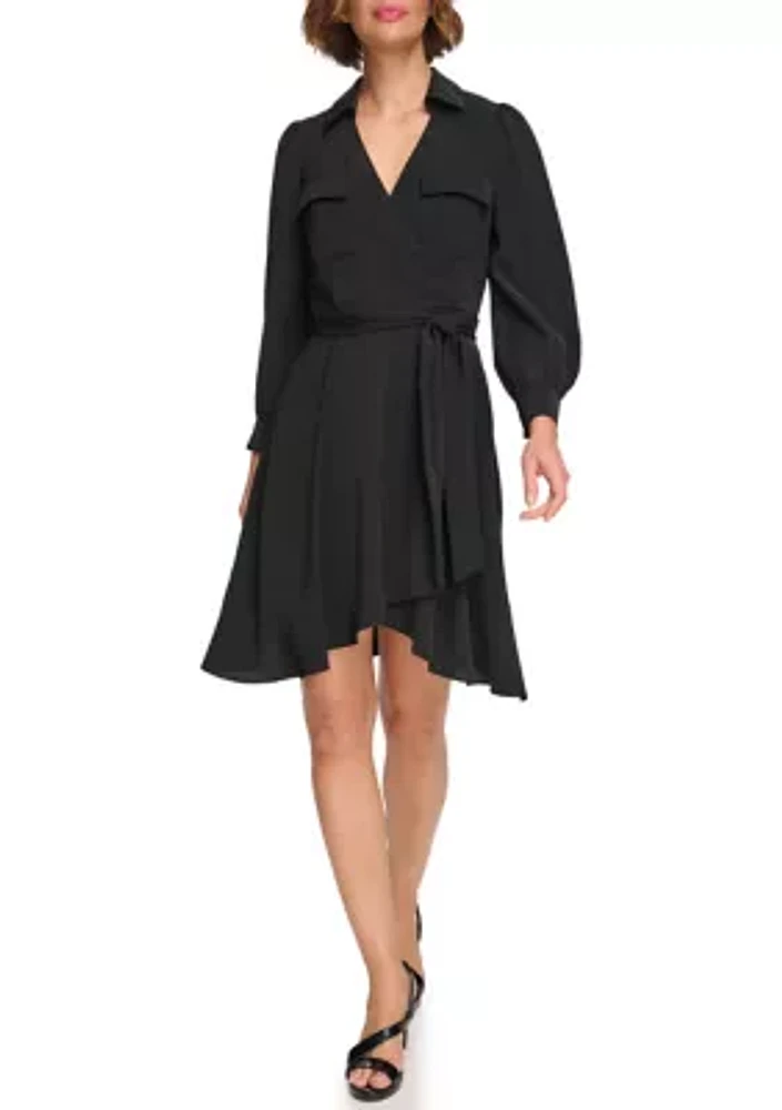 Women's Long Sleeve Collar Solid Fit and Flare Dress with Pockets