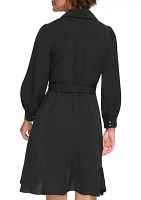 Women's Long Sleeve Collar Solid Fit and Flare Dress with Pockets