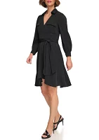 Women's Long Sleeve Collar Solid Fit and Flare Dress with Pockets