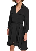 Women's Long Sleeve Collar Solid Fit and Flare Dress with Pockets