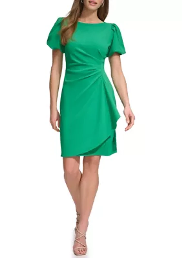 Women's Puff Sleeve Ruched Solid Sheath Dress