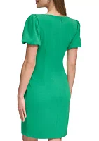 Women's Puff Sleeve Ruched Solid Sheath Dress