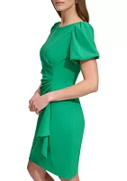 Women's Puff Sleeve Ruched Solid Sheath Dress