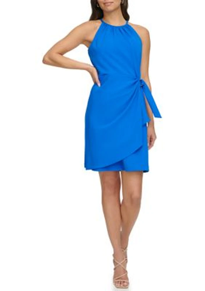 Women's Sleeveless Solid Crepe Halter Fit and Flare Dress