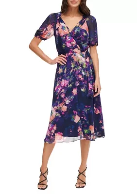 Women's Short Sleeve V-Neck Tie Waist Floral Chiffon Fit and Flare Dress