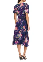 Women's Short Sleeve V-Neck Tie Waist Floral Chiffon Fit and Flare Dress