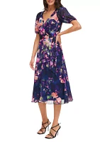 Women's Short Sleeve V-Neck Tie Waist Floral Chiffon Fit and Flare Dress