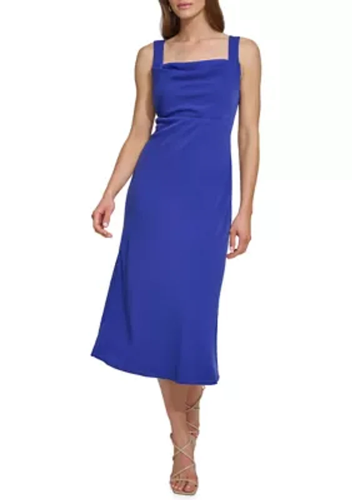 Women's Sleeveless Square Neck Solid Crepe A-Line Dress