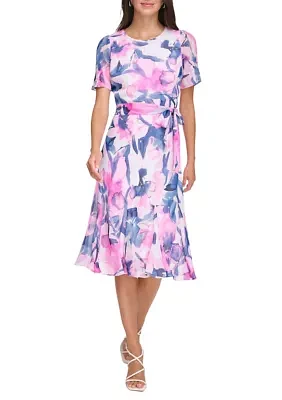 Women's Short Sleeve Tie Waist Floral Print Fit and Flare Dress