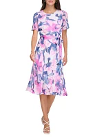 Women's Short Sleeve Tie Waist Floral Print Fit and Flare Dress