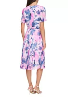 Women's Short Sleeve Tie Waist Floral Print Fit and Flare Dress