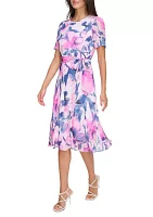 Women's Short Sleeve Tie Waist Floral Print Fit and Flare Dress