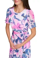 Women's Short Sleeve Tie Waist Floral Print Fit and Flare Dress