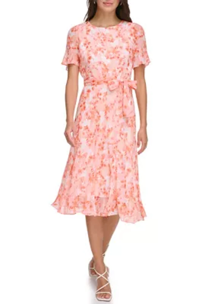 Women's Floral Printed Tie Waist Fit and Flare Dress