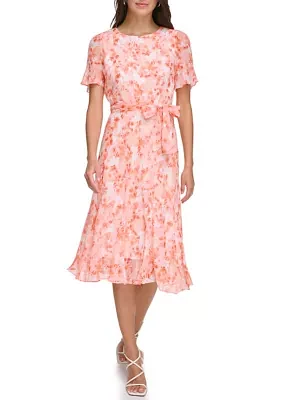 Women's Floral Printed Tie Waist Fit and Flare Dress