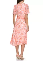 Women's Floral Printed Tie Waist Fit and Flare Dress