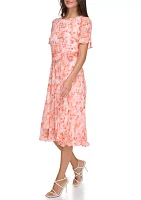 Women's Floral Printed Tie Waist Fit and Flare Dress