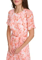 Women's Floral Printed Tie Waist Fit and Flare Dress