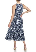 Women's Sleeveless Halter Neck Floral Printed Fit and Flare Dress