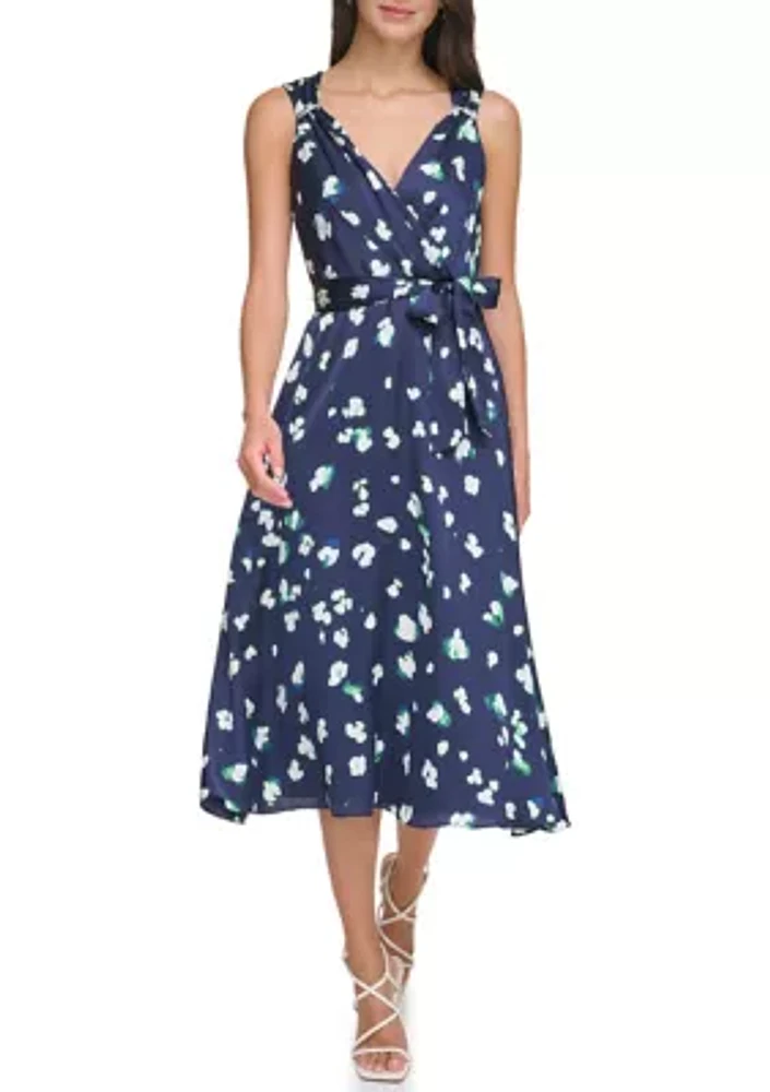 Women's Floral Printed V-Neck Tie Waist Fit and Flare Dress