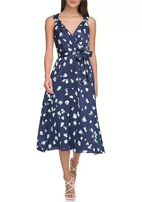 Women's Floral Printed V-Neck Tie Waist Fit and Flare Dress