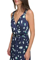 Women's Floral Printed V-Neck Tie Waist Fit and Flare Dress