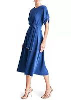 Women's Short Sleeve Tie Waist Solid Scuba Crepe Fit and Flare Dress