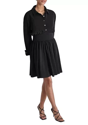 Women's Long Sleeve Collar Crepe Fit and Flare Dress