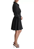 Women's Long Sleeve Collar Crepe Fit and Flare Dress