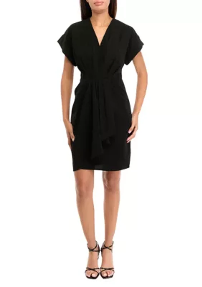 Women's Short Sleeve V-Neck Solid Crepe Fit and Flare Dress