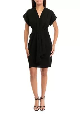 Women's Short Sleeve V-Neck Solid Crepe Fit and Flare Dress