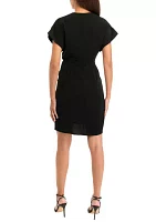 Women's Short Sleeve V-Neck Solid Crepe Fit and Flare Dress