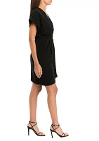 Women's Short Sleeve V-Neck Solid Crepe Fit and Flare Dress